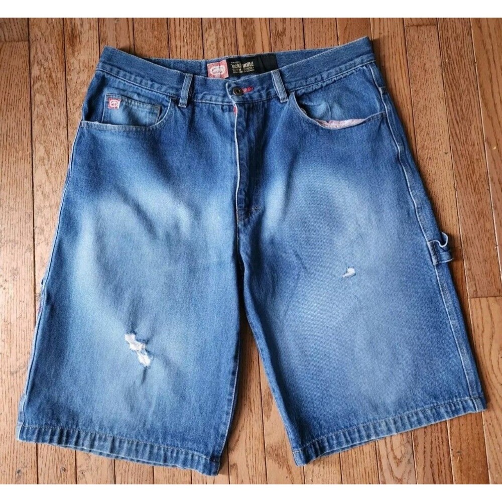 Ecko Shorts Men 34 Jorts Denim Jean Distressed 5 Pocket Streetwear Hip Hop Cargo